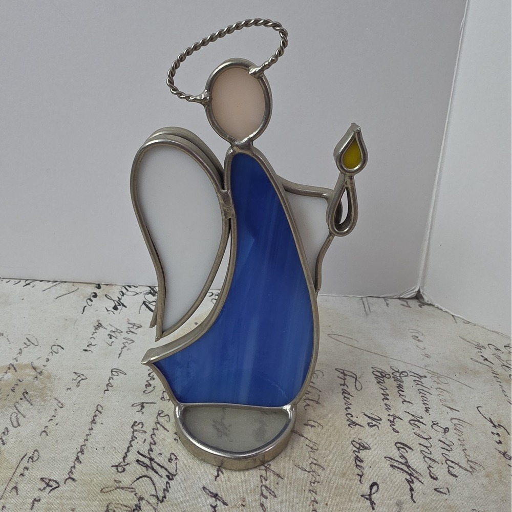 Blue Stained Glass Angel Holding Candle Figurine Christmas